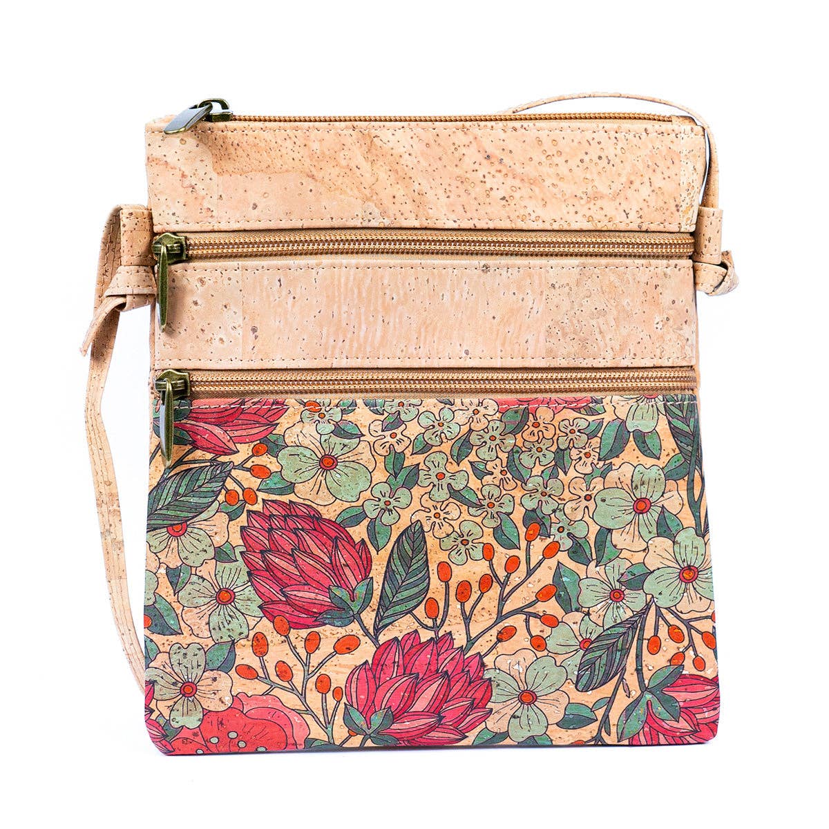 Meninas Bonitas Cork Cork Women&#39;s Double Zip Flower print Crossbody Bag BAG-2266DEFGH: D