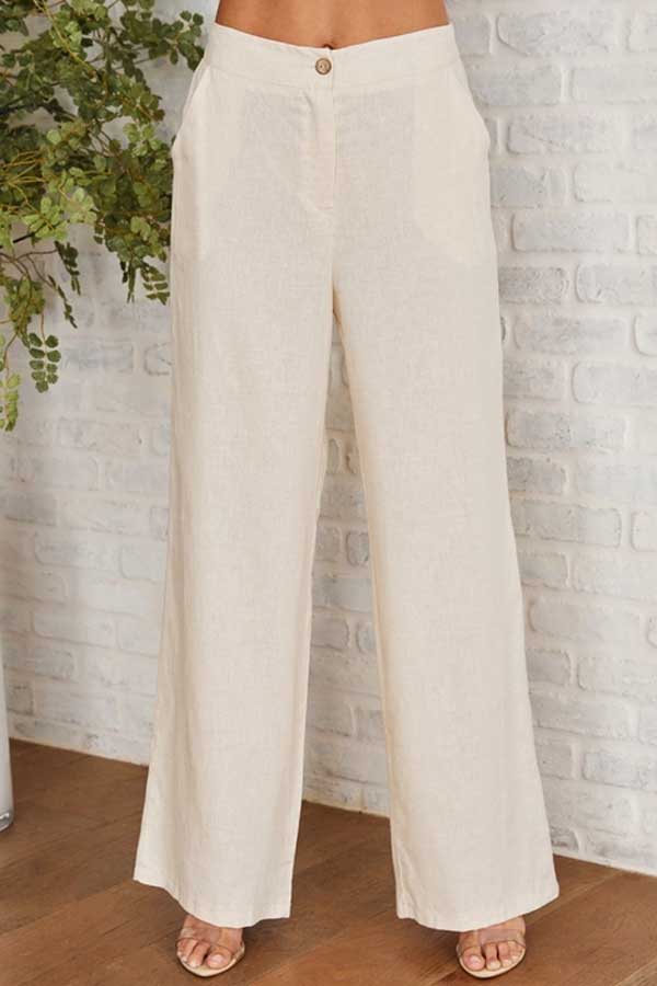 Milio Milano Women's Long Sleeve Top Cream / S Wide Leg Linen Pants- High Waist