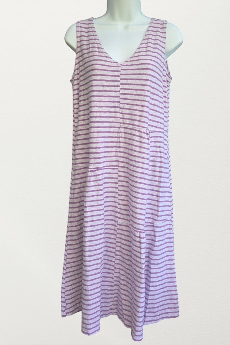 Natural Clothing Company sleeveless v-neck dress in a lavender and white striped cotton-linen blend with a loose fit. Made in USA.