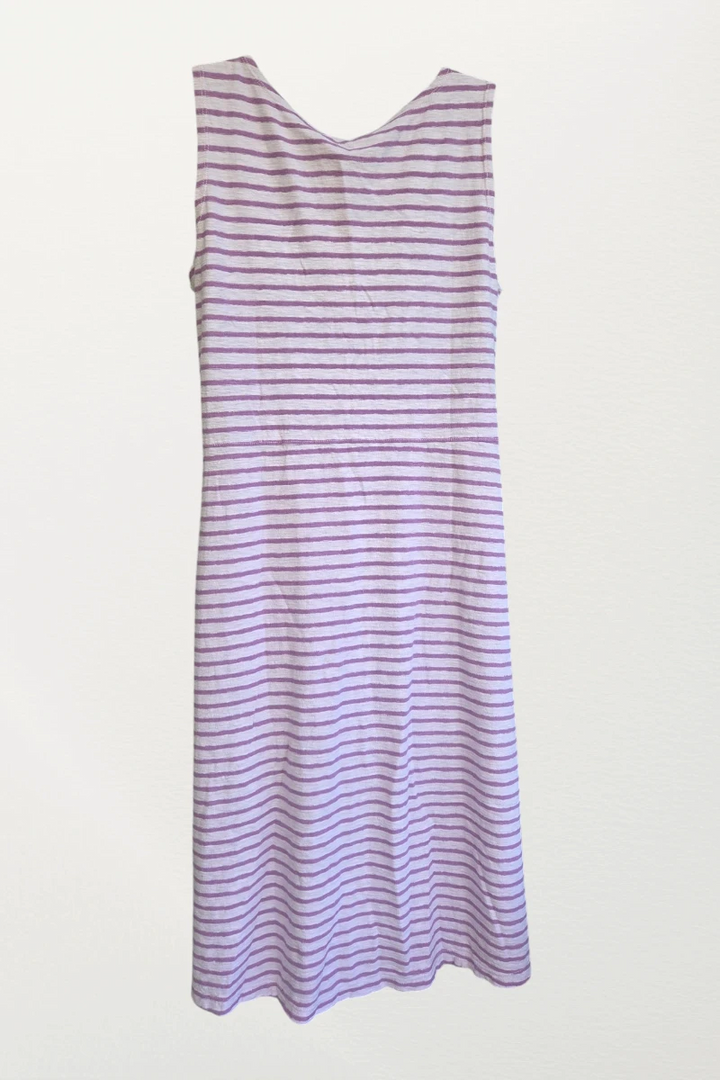 Natural Clothing Company sleeveless v-neck dress in a lavender and white striped cotton-linen blend with a loose fit. Made in USA.