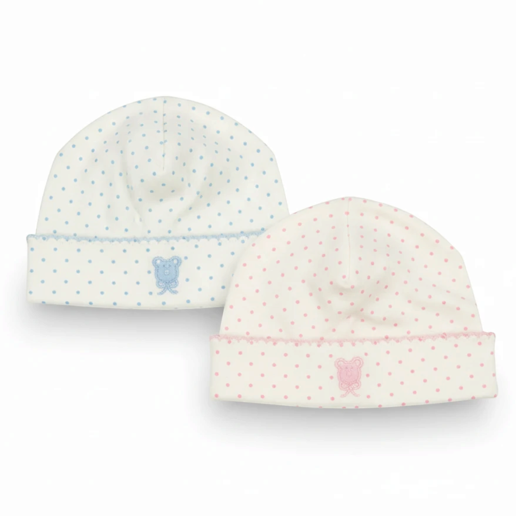 Natural Clothing Company organic Pima cotton baby hats with polka dot prints and embroidered mini bear detail