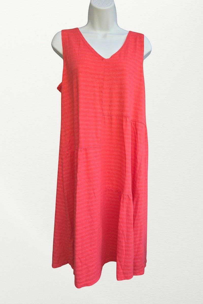 Natural Clothing Company harbor red sleeveless v-neck dress in a loose-fit cotton and linen blend with subtle stripes. Made in USA.