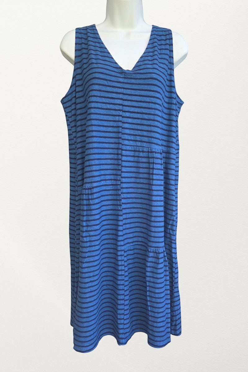 Natural Clothing Company navy and lavender striped sleeveless cotton linen blend V-neck dress on a mannequin. Made in USA.