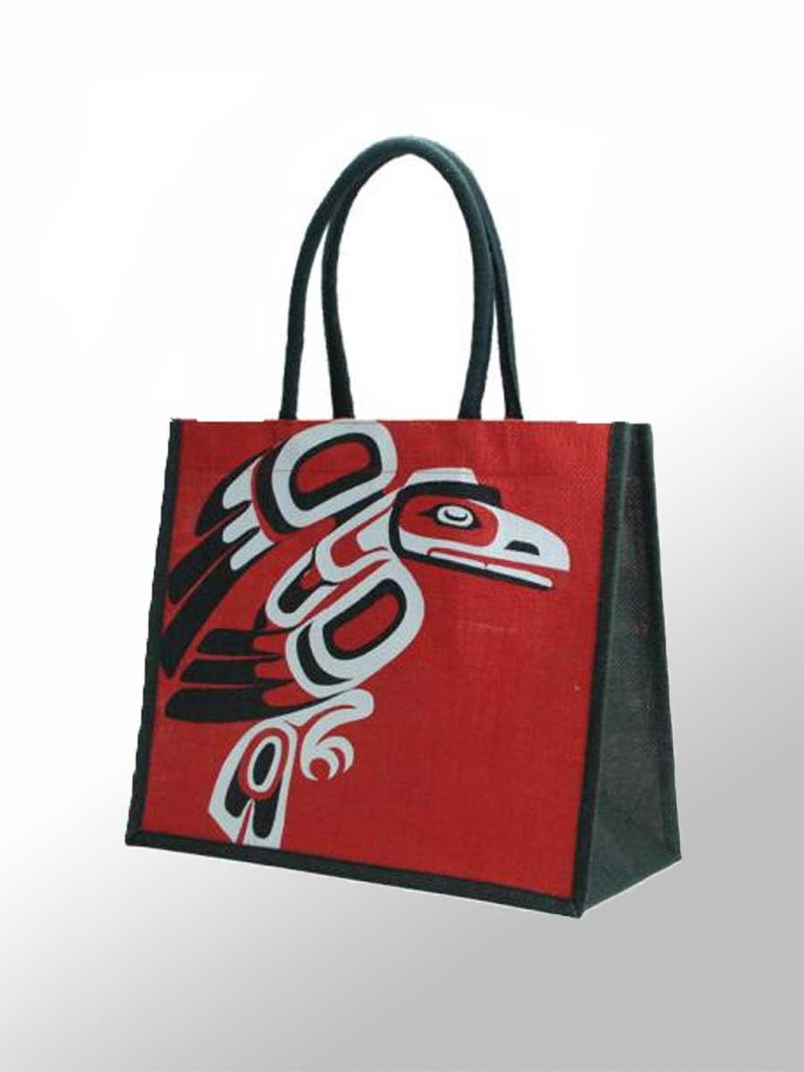 Panabo bag Red / Large Raven Jute Shopping Bag - artwork by Karen Francis
