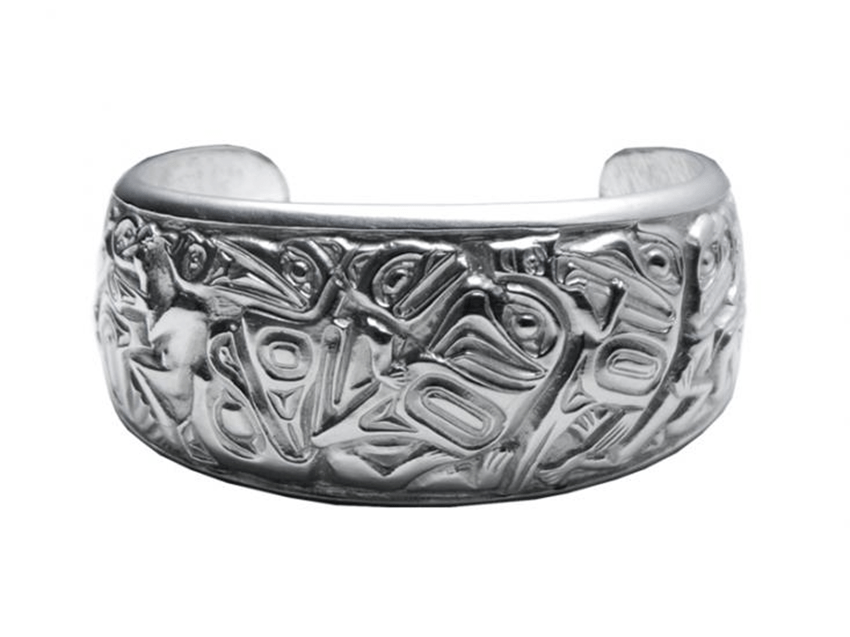 Panabo jewelry Transformation / 7.5" dia Transformation Silver Pewter Bracelet - art by Bill Helin