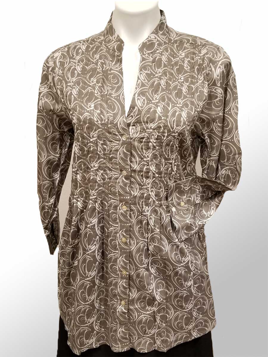 Panabo Women&#39;s long Sleeve Top Taupe / XL Raven V-neck Tunic - artwork by Connie Dickens