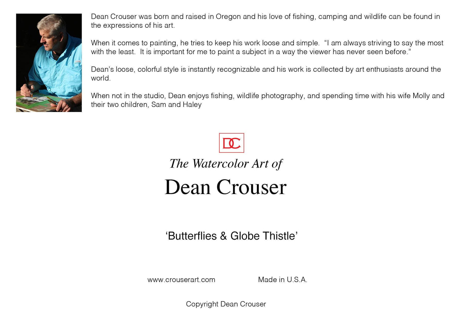 The Art of Dean Crouser Greeting Cards & Stickers 5 x 7" Greeting Card  'BUTTERFLIES & GLOBE THISTLE': 5x7" Greeting Cards(6 Per Image)