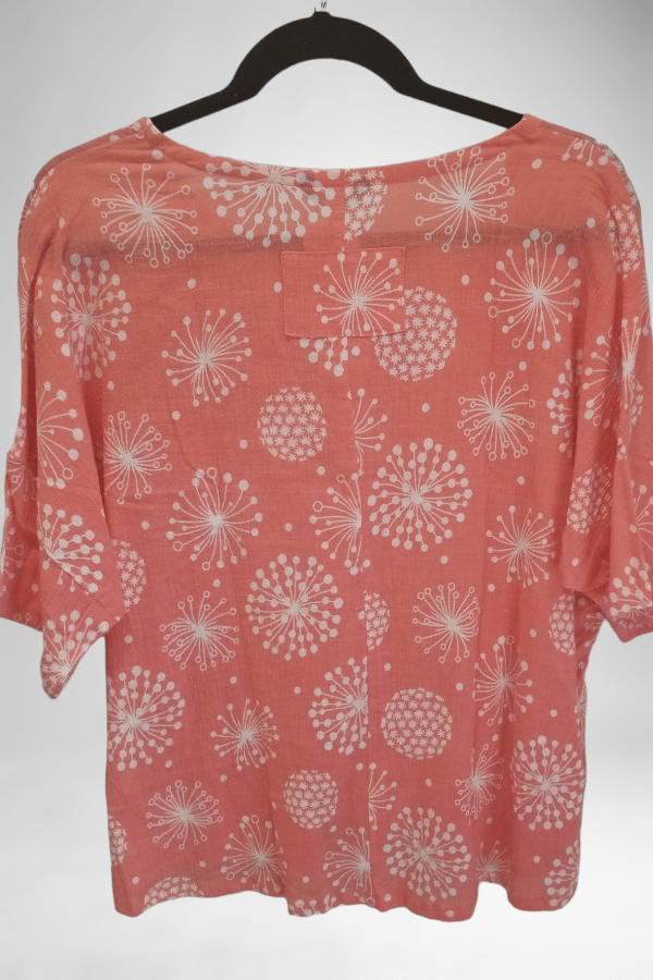 Yasuko Women&#39;s Short Sleeve Top Coral / S/M Printed Light Cotton Blouse Ha 202