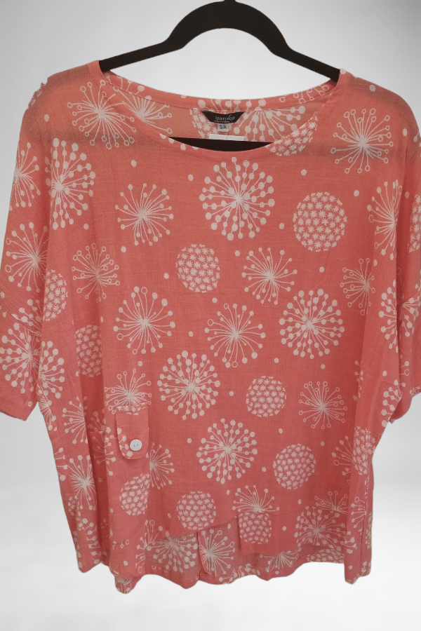 Yasuko Women's Short Sleeve Top Coral / S/M Printed Light Cotton Blouse Ha 202