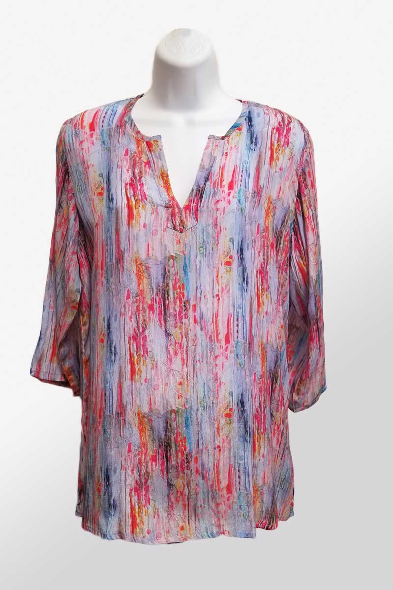 Apny Women's Long Sleeve Top Blue Red blend / S 3/4 Sleeve Light Blouse - Split Neck