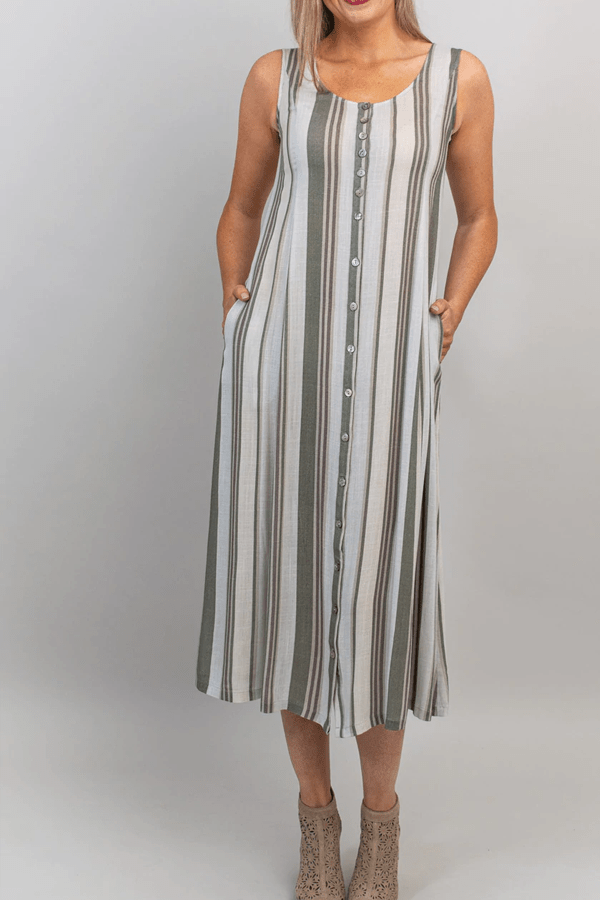 Blue Sky Women&#39;s Dress Khaki Stripes / S Linen/Bamboo Blend Dress Madison - Stripes