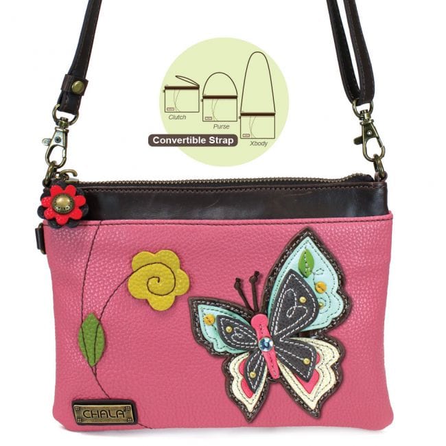 Chala purse Owl Pink bkgd / mini Vegan Leather purse - Cross Body Horizontal "We Fly"