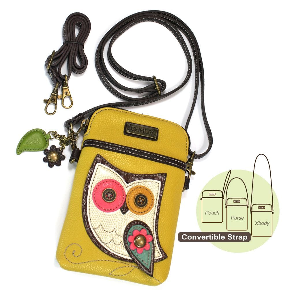 Chala Purse Owl mustard / Mini vertical Vegan Leather Phone Purse - Cross Body Vertical