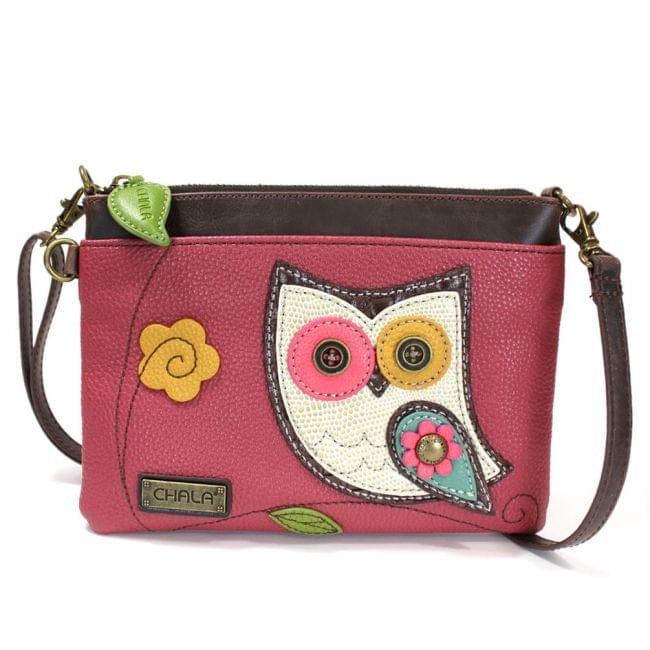 Chala purse Owl Pink bkgd / mini Vegan Leather purse - Cross Body Horizontal &quot;We Fly&quot;