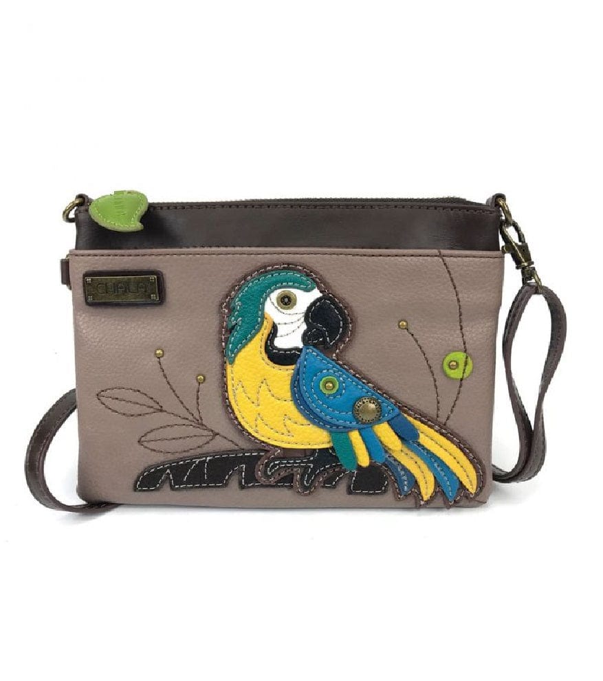 Chala purse Parrot Warm Gray bkgd / mini Vegan Leather purse - Cross Body Horizontal &quot;We Fly&quot;