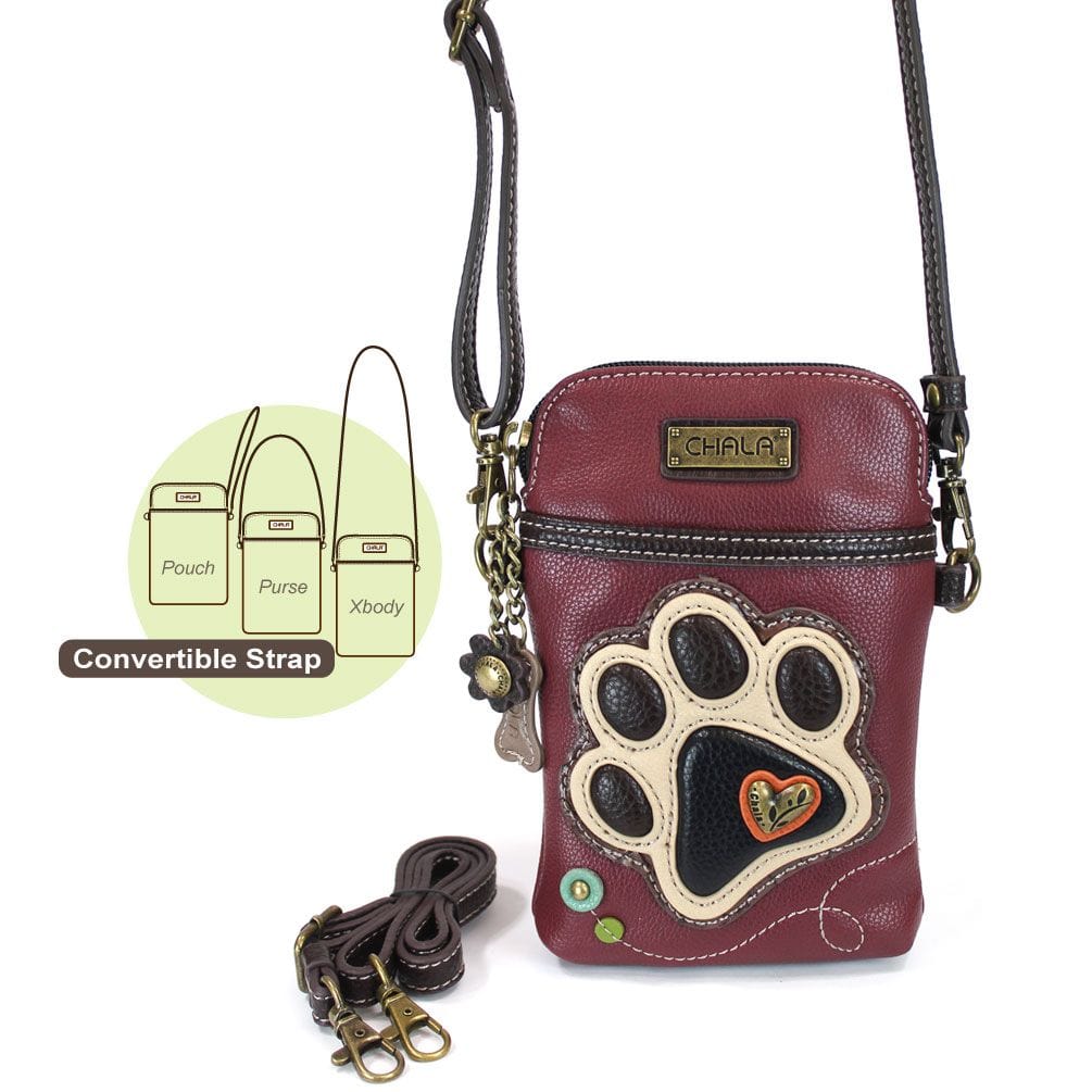 Chala Purse Paw Maroon / Mini vertical Vegan Leather Phone Purse - Cross Body Vertical Dogs and Cats