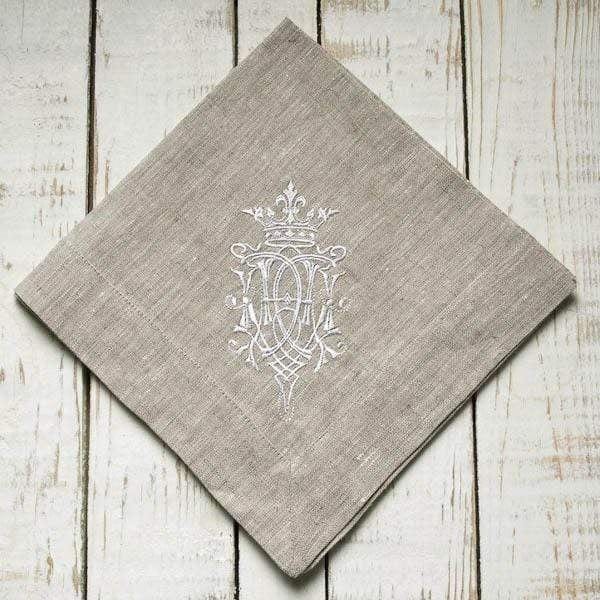 Crown Linen Home Flax White Linen Napkin Embroidered - Royal