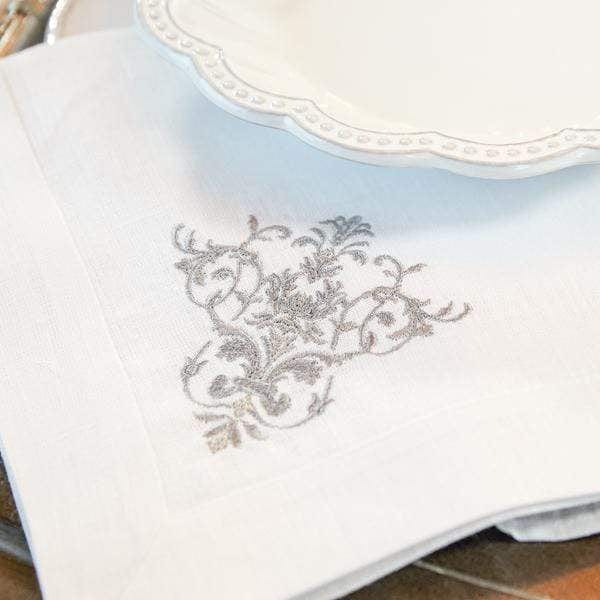 Crown Linen Home White Grey Linen Napkin Embroidered - Victorian