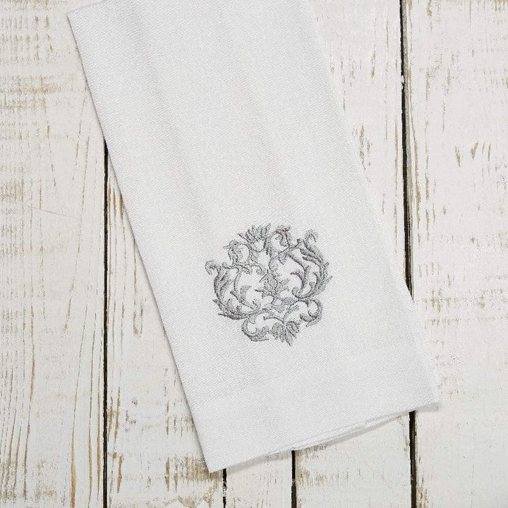 Crown Linen Home White Taupe Linen Embroidered Finger Towel