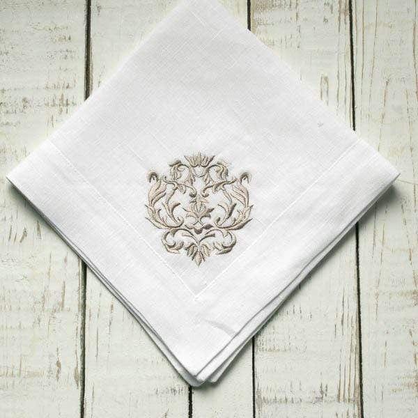 Crown Linen Home White Taupe Linen Napkin Embroidered - Damask