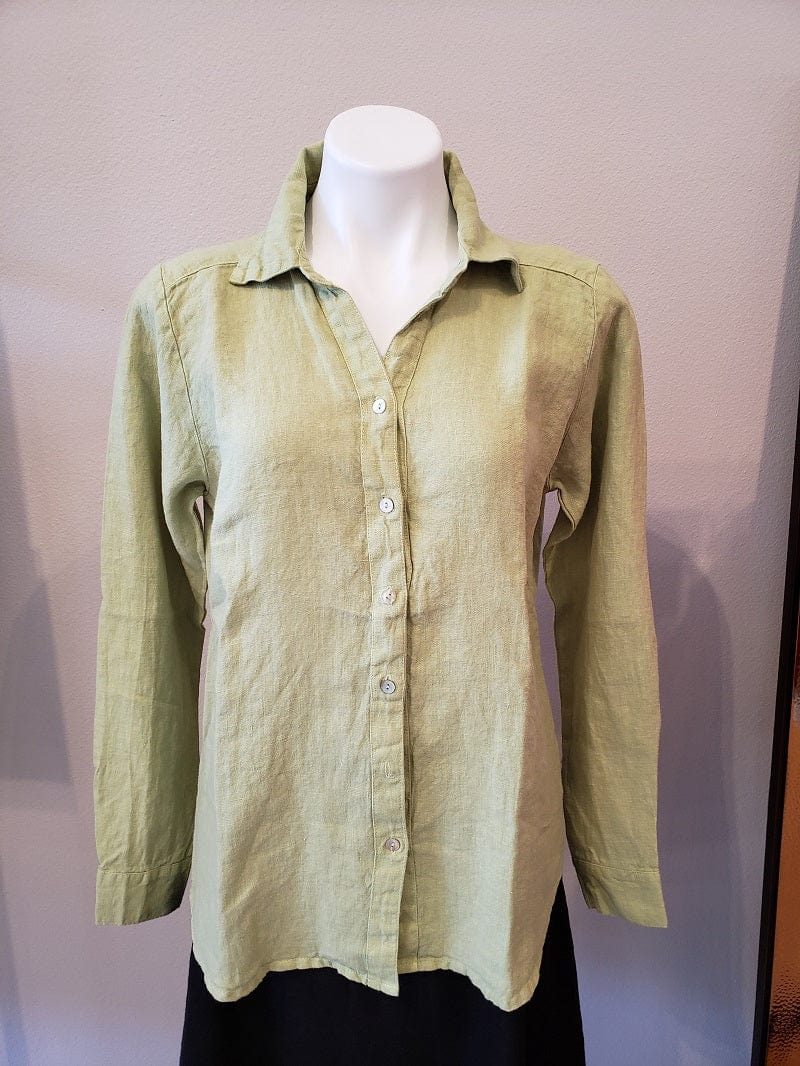 Cutloose Women&#39;s Long Sleeve Top Absinthe Vneck / L Linen Shirt Button Down with Collar