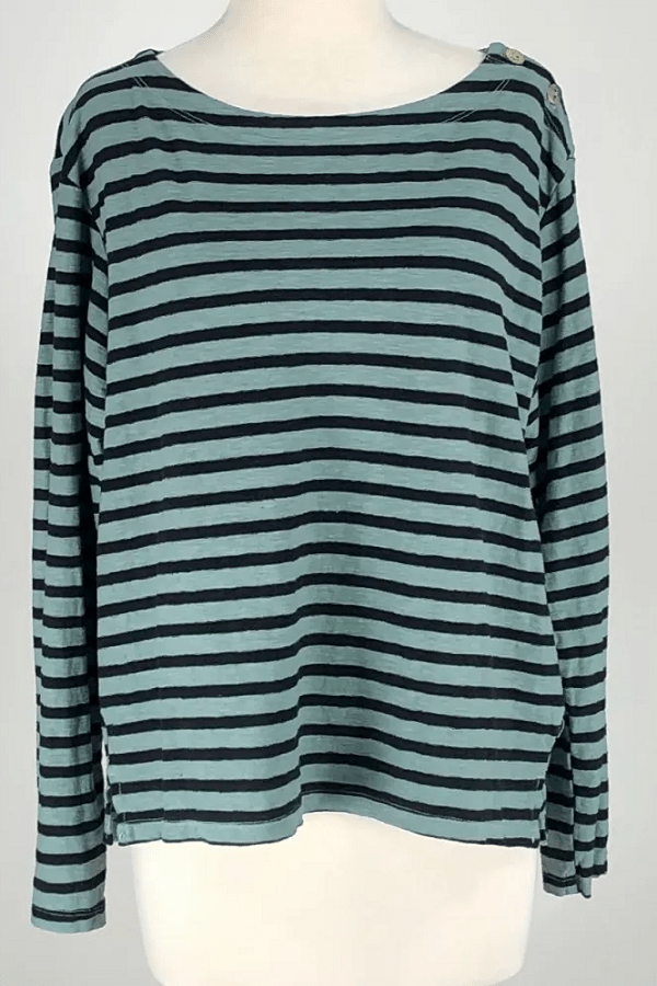 Cutloose Women's Long Sleeve Top Boatneck Top - Stripes and Buttons