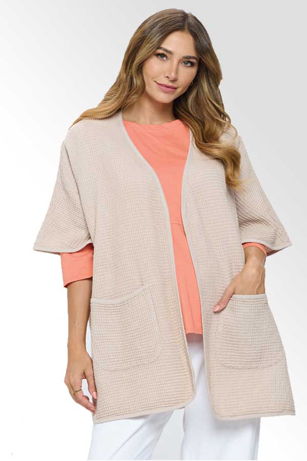 Focus Women&#39;s Long Sleeve Top Soy Latte / one size Waffle Textured Light Cardigan