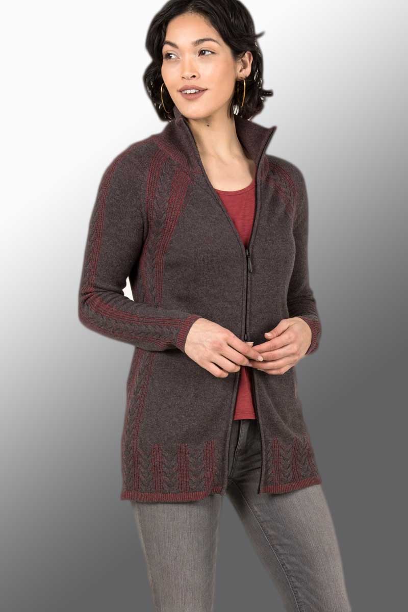 Indigenous Women's Sweater Charcoal/Cherry / L Organic Cardigan - Cable Zip Style