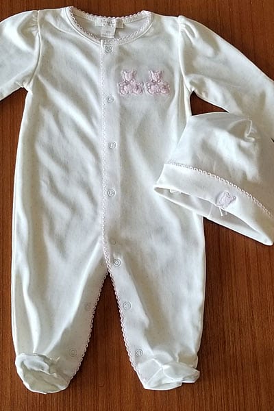 Kissy Kissy layette Natural & Pink / NB Baby Organic Cotton Footie - Two Bears and dots print