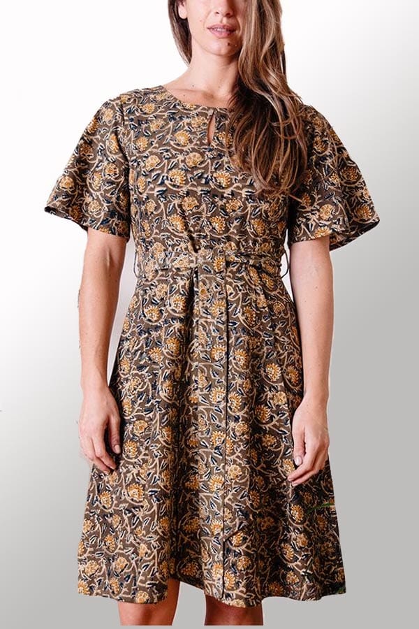 Mata Traders Women&#39;s Dress Olive print / S Belted Dress Woven Cotton - Varanasi