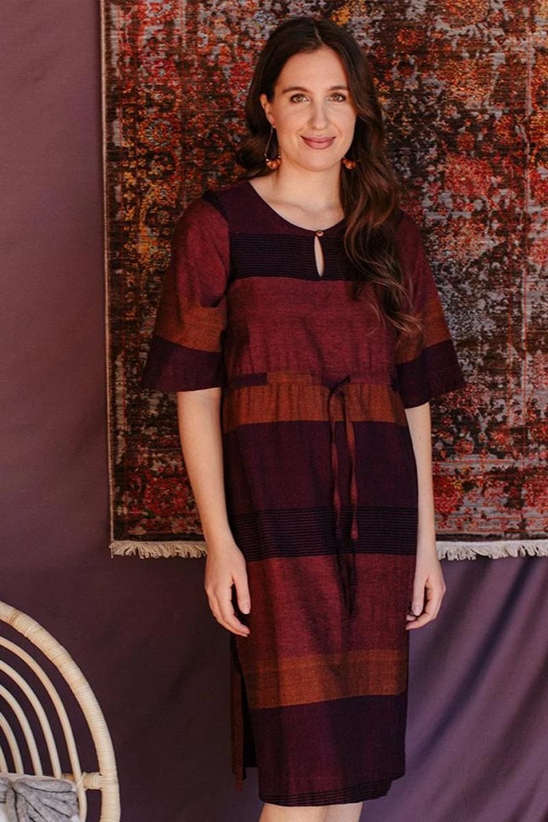 Mata Traders Women's Dress Plum Stripe / S Drawstring Woven Dress - Nisha