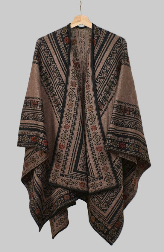 Wuaman Women's Sweater Taupe Black / one size Alpaca Blend Reversible Poncho - Ruanas 03