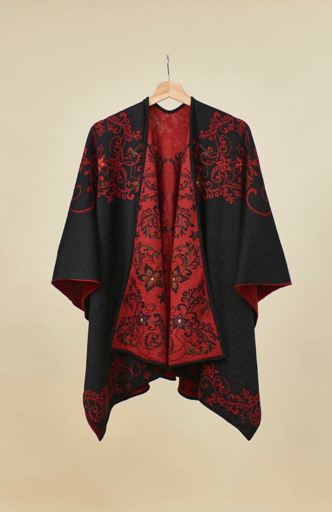 Wuaman Women's Sweater Red Black / one size Alpaca Blend Poncho - Ruanas 05