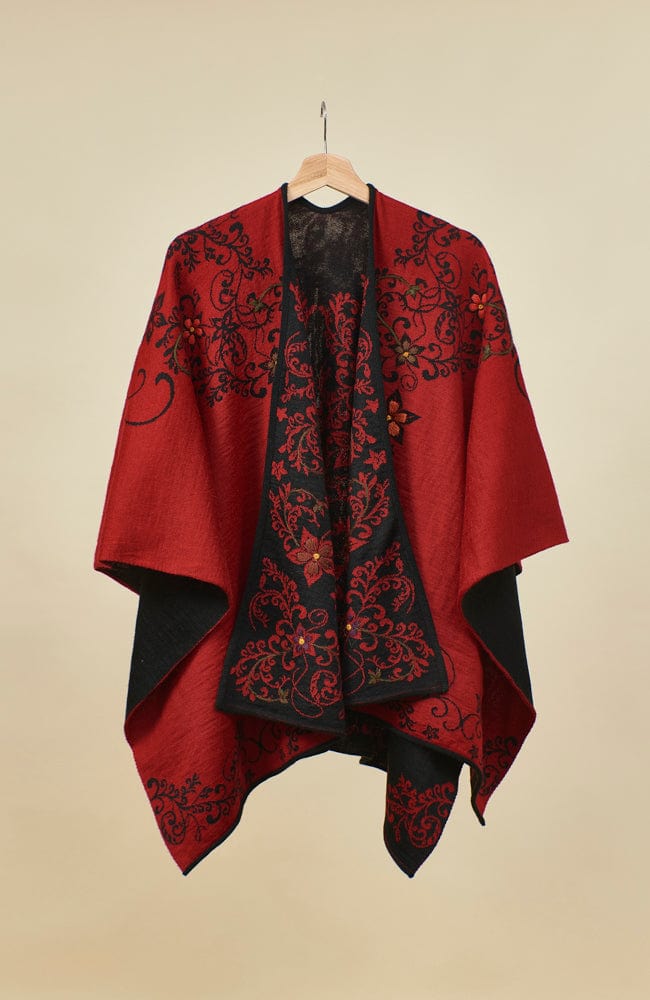 Wuaman Women's Sweater Red Black / one size Alpaca Blend Poncho - Ruanas 05