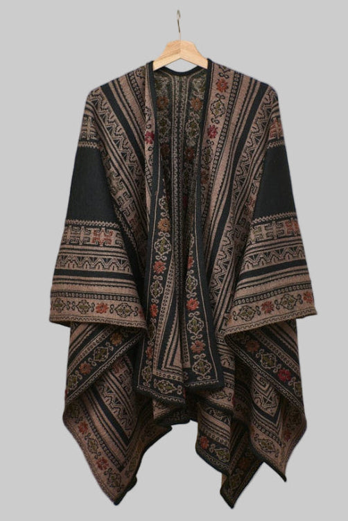 Wuaman Women's Sweater Taupe Black / one size Alpaca Blend Reversible Poncho - Ruanas 03