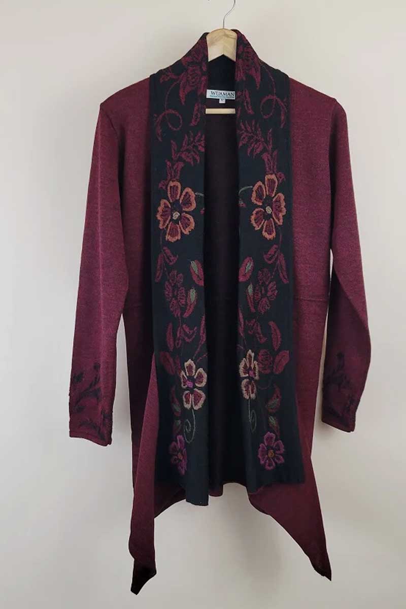 Wuaman Women's Sweater Wine / S Alpaca Blend Long Cardigan Open - cg17